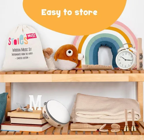 Miniatura 16 de Stoie's Instrumentos musicales de madera para niños pequeños con tambor, flauta, campanas de mano, platillos, castañuelas, triángulo, para bebés
