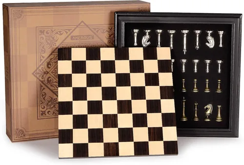 AMEROUS Juego de ajedrez de madera de 12.5 pulgadas con piezas de ajedrez de metal, juego de mesa clásico con rey de 2.5"/almacenamiento para piezas