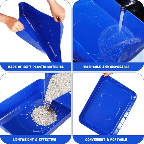Miniatura 4 de Bokon Caja de arena desechable de 25 unidades para gatos, bandeja de arena desechable grande para viajes al hogar, cajas de arena de plástico Azul