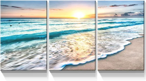 Miniatura 9 de Denozer - Lienzo decorativo de 3 paneles para decoración del hogar, mar azul, puesta de sol y playa, pintura blanca, impresión sobre lienzo, paisaje