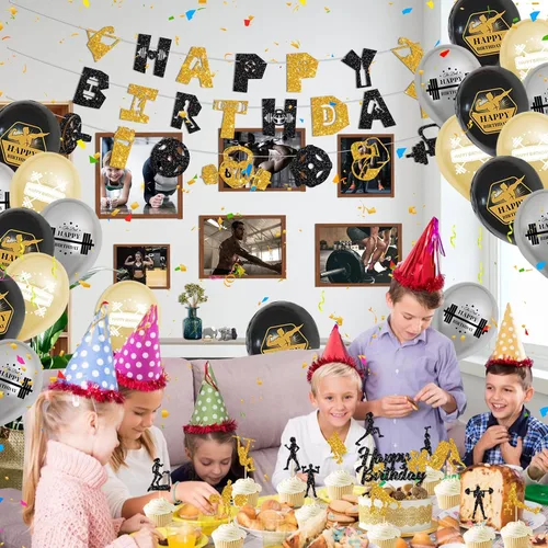 Miniatura 4 de KEFAN Decoraciones de fiesta de cumpleaños de gimnasio, suministros de fiesta temática de fitness negro y dorado con globos de látex, decoración