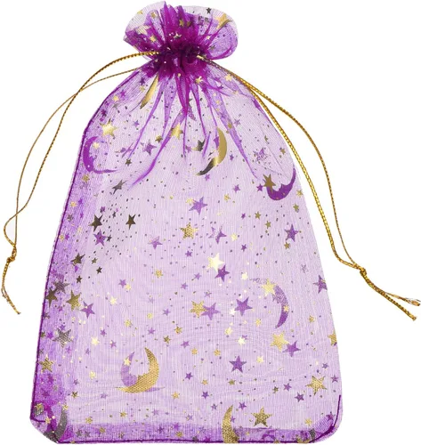 Miniatura 20 de MECCANIXITY Bolsa de organza de 3.5 x 5 pulgadas, bolsas de malla transparente de luna y estrella, bolsas de regalo con cordón, bolsa de regalo