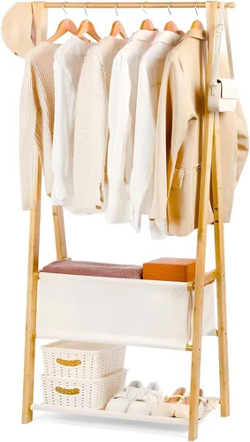Perchero de bambú con caja de almacenamiento y estante de almacenamiento, perchero portátil extra grande para ropa, armario plegable para entrada y
