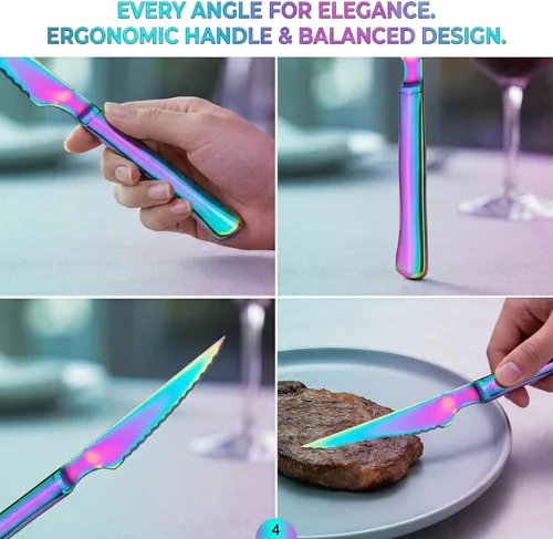 Miniatura 7 de Paquete de 6 cuchillos de carne de acero inoxidable arcoíris, iridiscentes dentados afilados para mesa de cocina
