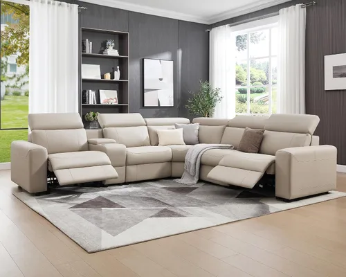 Miniatura 4 de Sofá Reclinable Eléctrico AMERLIFE, Sofá Reclinable con Consola y Reclinación Dual, Sofá Seccional de Cuero para Sala de Estar, Beige Marrón