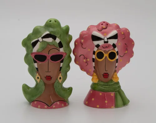 Miniatura 8 de Dollymamas de cerámica fina afroamericana negra con gafas de sol, juego de salero y pimienta, 4-3/8 pulgadas de alto