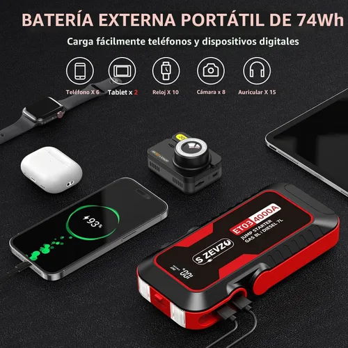 Miniatura 3 de S ZEVZO ET03 Arrancador de Coche 4000 A, Paquete de Batería de Arranque de 4000 A para Motores de Gasolina de hasta 8.0 L y Diésel de 7.0 L, Caja