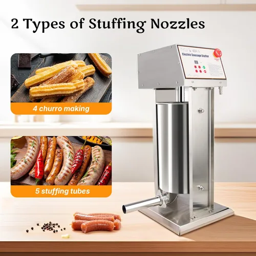 Miniatura 3 de Relleno de salchichas eléctrico comercial, de acero inoxidable, máquina de salchichas vertical de 12 litros/25 libras con 4 tubos S/S, relleno