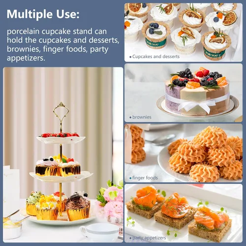 Miniatura 5 de Soporte de cerámica para cupcakes de 3 niveles, bandeja escalonada blanca para cupcakes, soporte de servicio de 3 niveles para fiesta de té