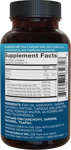 Miniatura 10 de Viva Naturals Aceite de Pescado Omega-3, Triple Fuerza, 2500 mg, 30 Cápsulas Blandas – Ácidos Grasos Omega 3 Re-Esterificados Incluyendo EPA, DHA