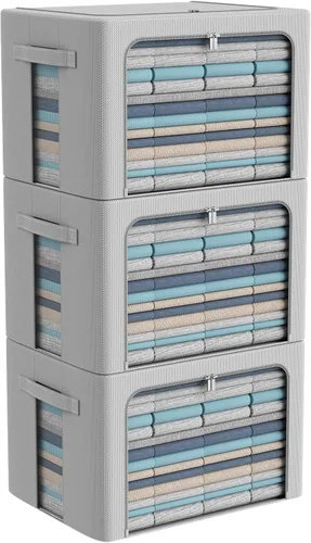 Miniatura 27 de Paquete de 3 cajas de almacenamiento con marco, bolsas de almacenamiento de ropa, tela Oxford, plegable, apilable, juego organizador con ventana