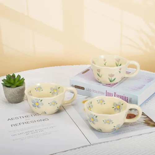 Miniatura 5 de Koythin 2 Piezas de Tazas de Café de Cerámica, Taza Creativa Linda con Flores para Oficina y Hogar, Taza Estética de 8.5 oz/250 ml para Café con 2