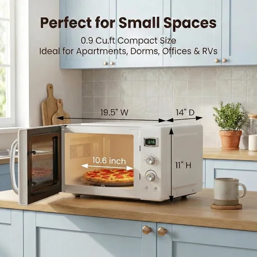 Miniatura 3 de Horno microondas retro para encimera, SIMOE Horno microondas compacto 0.9 pies cúbicos con bloqueo para niños, 5 niveles de potencia, descongelación