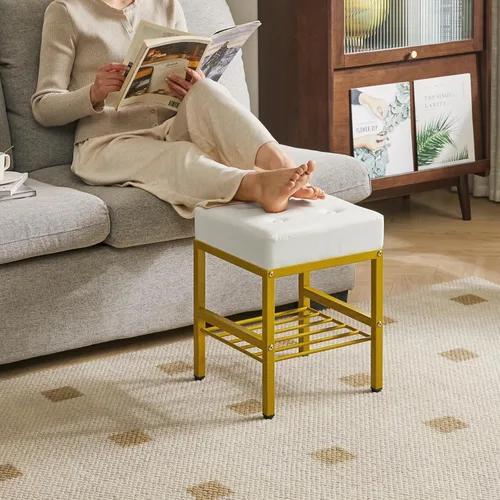 Miniatura 8 de IBUYKE Taburete de maquillaje cuadrado con pies ajustables y espacio de almacenamiento, silla reposapiés, asiento de tocador de PU, multiusos como