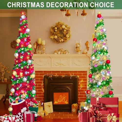 Miniatura 5 de Árboles de Navidad artificiales de 6 pies, árbol de Navidad artificial, plegable con temporizador, 100 luces, 15 bolas, lápiz de oropel, árbol