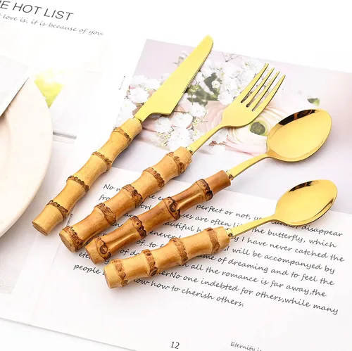 Miniatura 5 de Juego de cubiertos de acero inoxidable dorado de 24 piezas, cubiertos de mango de bambú con soporte, incluye cuchillo tenedor, cuchara y cucharilla