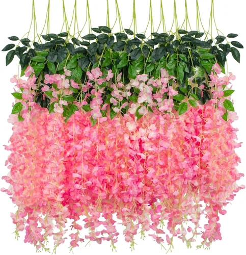 Miniatura 17 de Paquete de 12 flores colgantes de glicina artificial, guirnalda de flores de glicina falsas, enredaderas de seda, decoración de ratán para el hogar