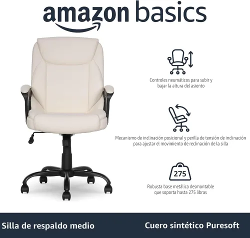 Miniatura 4 de Amazon Basics Classic Puresoft - Silla de escritorio de oficina acolchada de poliuretano con apoyabrazos, fácil montaje, base de metal resistente