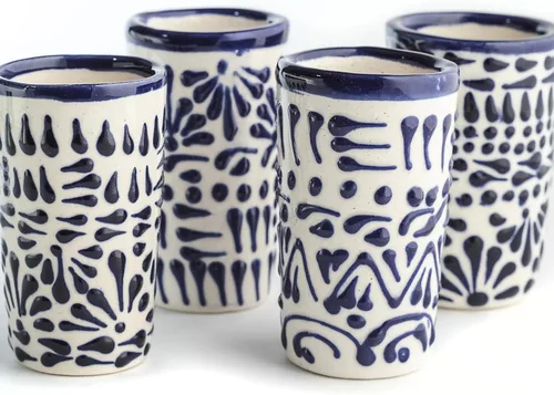 Miniatura 36 de Juego de 4 vasos de chupito Talavera auténticos mexicanos para tequila - Pintados a mano - 2 Oz (Flores naranjas)