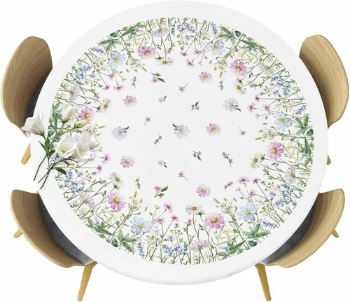 Miniatura 20 de Mantel redondo ajustable con flores silvestres botánicas, manteles elásticos impermeables para interiores y exteriores, mantel elástico para cena