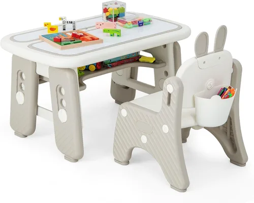 Miniatura 10 de Costzon Juego de mesa y 4 sillas para niños, escritorio y sillas para niños pequeños de altura ajustable con escritorio de graffiti, patas Verde