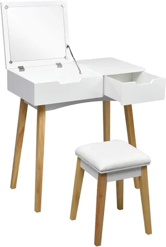 Miniatura 2 de LUARANE - Juego de tocador de tocador, tocador de madera con espejo abatible y taburete acolchado, aplicación multifuncional para dormitorio, baño