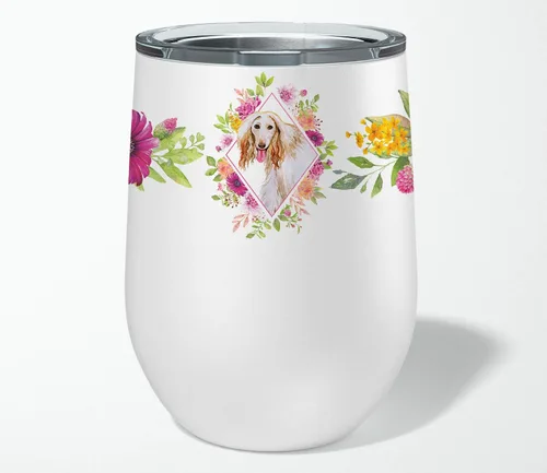 Miniatura 4 de Caroline's Treasures CK4110TBL12 Afghan Hound Pink Flowers - Vaso de vino aislado de acero inoxidable de 12 onzas con tapa, bonita taza de viaje