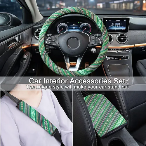 Miniatura 2 de Juego de fundas bohemias para volante, funda para cinturón de seguridad y almohadilla para reposabrazos, tela bohemia para volante de automóvil
