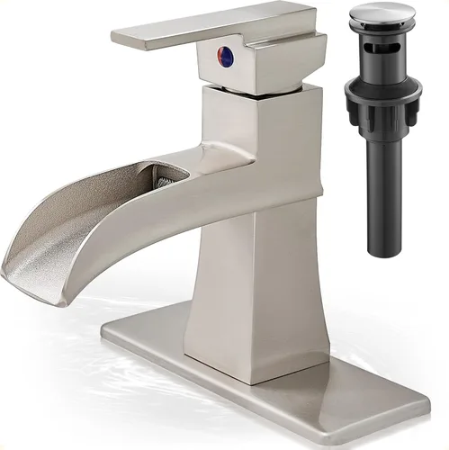 Grifo de lavabo de baño en cascada, grifo de baño de latón cepillado con una manija, un solo orificio de 4 pulgadas o 3 agujeros con drenaje Níquel