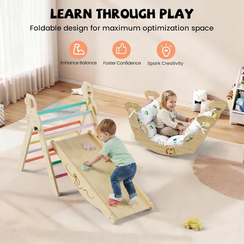 Miniatura 9 de Pikler - Juego de escalada triangular con cojín, juguetes de escalada plegables para interiores, gimnasio Montessori para niños pequeños, escalador