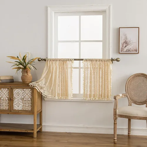 Miniatura 2 de YJ YANJUN - Cortinas de café boho, 24 pulgadas de largo, 2 paneles, cada una de 59" de ancho x 24" de largo, beige, con crochet, cortinas de cocina
