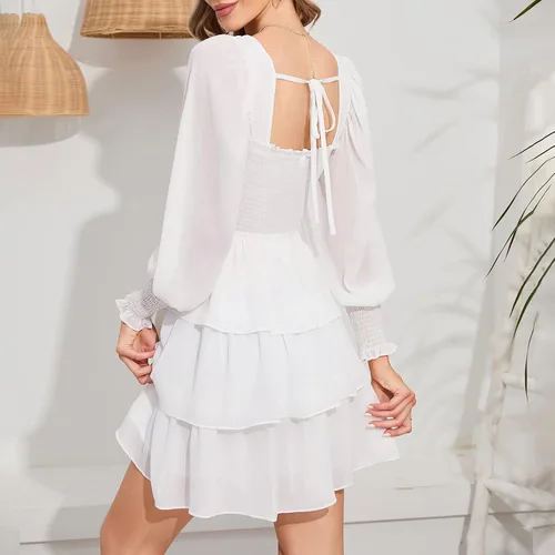 Miniatura 4 de Byinns Vestido de manga larga con volantes y cuello cuadrado para mujer, estampado floral, con lazo en la espalda, vestido mini con vuelo en capas