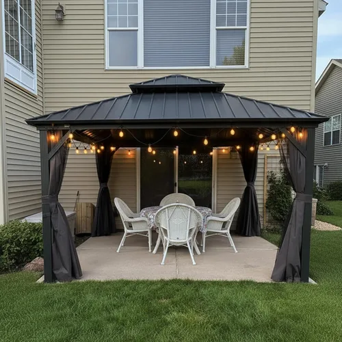 Miniatura 16 de PURPLE LEAF Glorieta de 6' X 8' con techo rígido para parrilla de patio, glorieta de barbacoa de aluminio con toldo, 24 bombillas LED transparentes