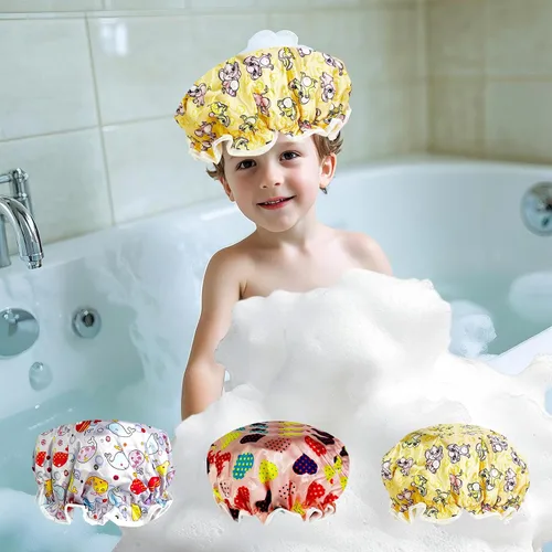 Miniatura 9 de Gorro de ducha para niños, paquete de 3 gorros de ducha grandes, reutilizables, de doble capa, impermeables, de plástico lavable, gorro de ducha