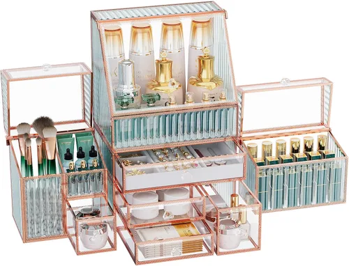 Miniatura 7 de Youdepot Organizador de maquillaje extra grande, almacenamiento de cosméticos de vidrio con cajones, organizador apilable de maquillaje y joyas