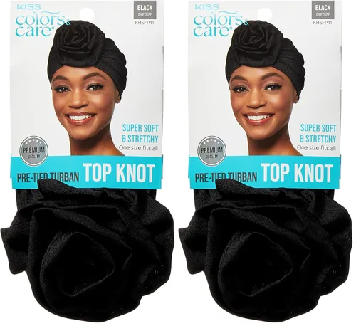 Miniatura 9 de KISS COLORS & CARE Turbante preatado con nudo superior, negro, elegante, elástico y suave para dormir, máxima protección del cabello, minimiza
