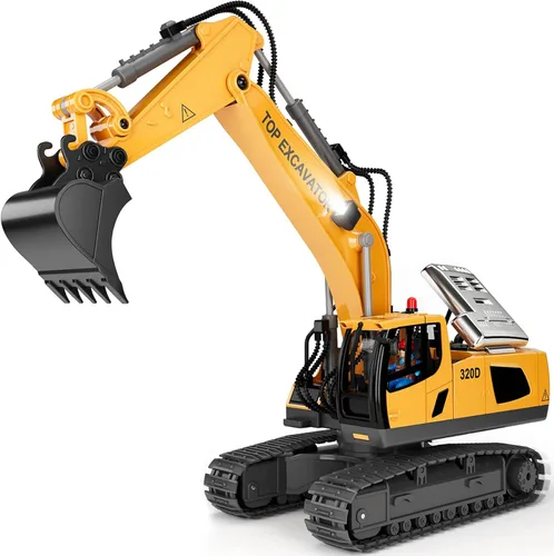 KIDMARKT Excavadora de juguete con control remoto para niños | Camión de construcción de metal de 11 canales con luces, 2 baterías de 1200 mAh,