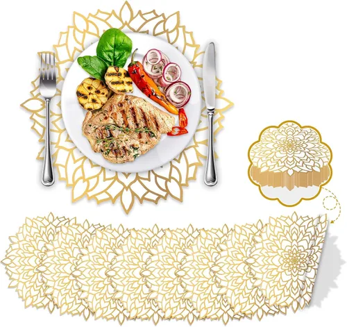 60 manteles individuales desechables de papel redondos metálicos dorados y blancos, redondos, con diseño floral, para mesa de mesa, manteles