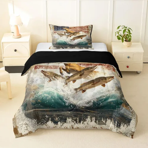 Miniatura 35 de Erosebridal Juego de edredón de pesca tamaño individual para hombres, juego de ropa de cama de peces de lubina para pescadores, niños de caza