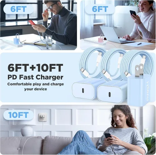 Miniatura 5 de 20W USB C Fast Charging for iPhone 17 Air/16/15 Pro Max,3Pack Colorful Mixed Charger Block with Braided Long USB C to C Cables (6/6ft) Compatible