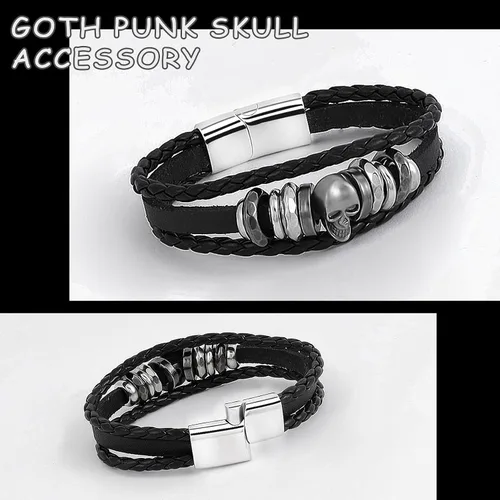 Miniatura 5 de MILAKOO 3 pulseras unisex punk retro góticas de cuero sintético con cuentas de hematita
