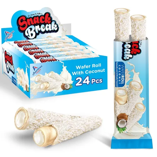 Snack Break | Snacks de oblea enrollada de coco con relleno cremoso de coco, bocadillos de oblea envueltos individualmente, (paquete de 24)
