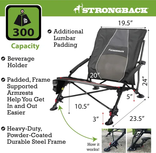 Miniatura 2 de STRONGBACK Sillas de playa – Silla de playa portátil reclinable de baja gravedad – con soporte lumbar integrado, sillas de playa plegables