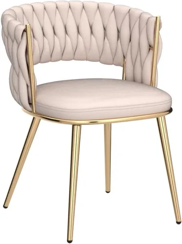 Miniatura 4 de KCC Juego de 2 sillas de comedor modernas de terciopelo, sillas tapizadas para sala de estar con respaldo tejido y patas de metal dorado, silla