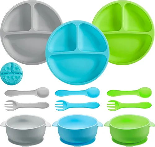 CHENGU 12 piezas Juego de tazones de silicona con ventosa para bebé y niño pequeño con plato de succión, cuchara y tenedor, juego de utensilios de