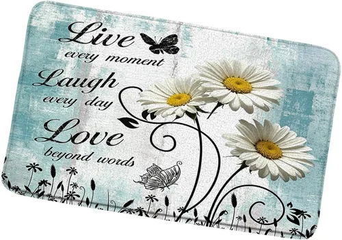 Tapete de baño rústico con diseño floral de margaritas, flores y mariposas, citas inspiradoras de primavera, granja, madera, turquesa, azul, tapete