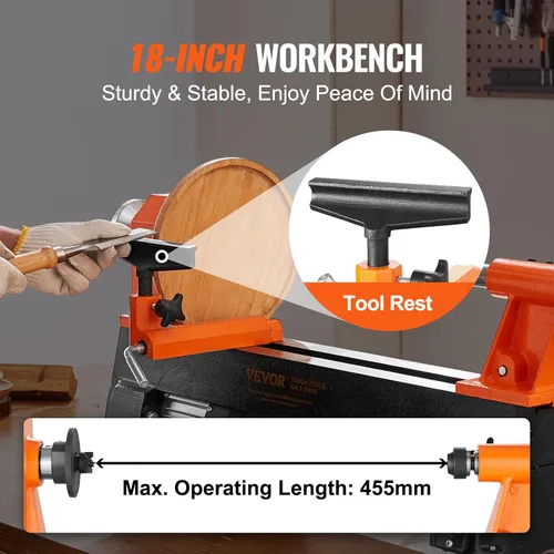 Miniatura 3 de VEVOR Torno de Madera de Sobremesa, 10 pulgadas x 18 pulgadas, 0.5 HP 370W Máquina de Torno para Madera, 5 Velocidades Variables