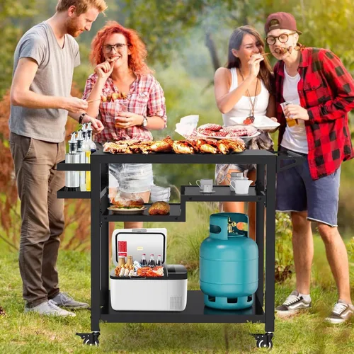 Miniatura 5 de Mesa de carrito de comedor para exteriores movible de 3 estantes de 20 x 32 pulgadas, soporte multifuncional para preparación de alimentos, mesa