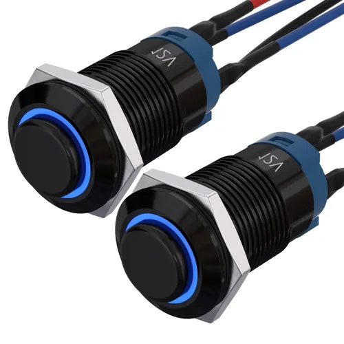 APIELE Interruptor de botón momentáneo de 0.472 in precableado 5.906 in de cabeza redonda alta (aluminio negro, azul)