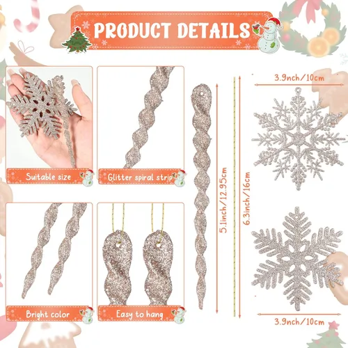 Miniatura 2 de Deekin 72 piezas adornos de carámbano de copo de nieve para árbol de Navidad, carámbanos torcidos de copo de nieve con purpurina, decoraciones